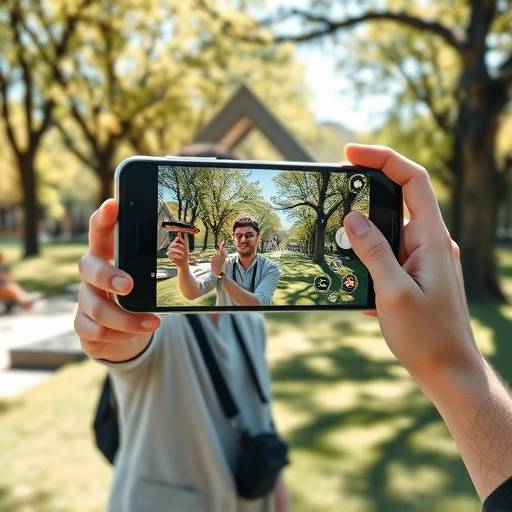 A player using a smartphone to interact with an augmented reality game in a park.