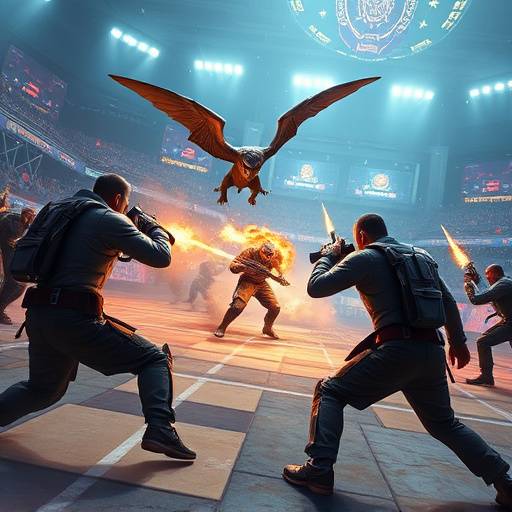 Screenshot from WarriorsArena featuring two teams battling in a multiplayer arena.