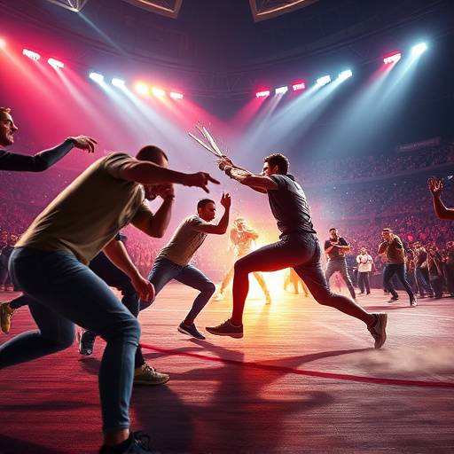 Screenshot of WarriorsArena showing a team fight in a vibrant arena setting.